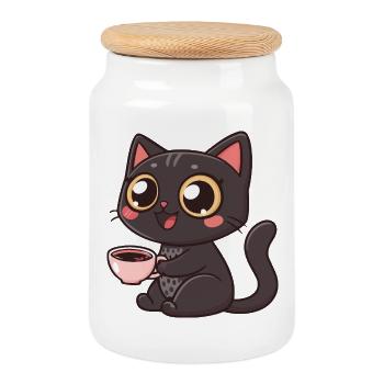 Chat noir café kawaii - Boîte à biscuits avec couvercle en bois - blanc - Devant