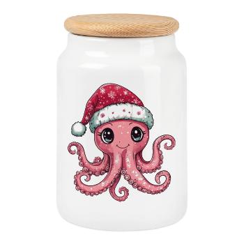 Octopus Christmas Xmas - Cookie Jar with Wooden Lid - white - Front