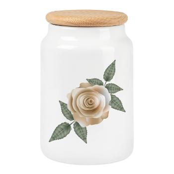 Delicate sand-coloured rose with soft leaf accents - Cookie Jar with Wooden Lid - white - Front