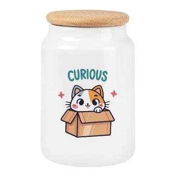 Chat Curieux dans sa Boîte - Boîte à biscuits avec couvercle en bois - blanc - Devant