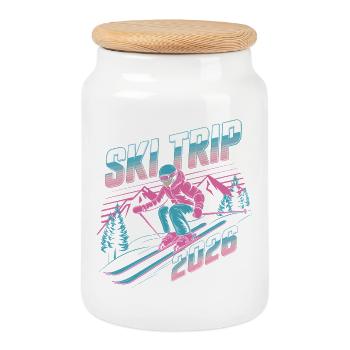 Voyage Ski 2026 Néon Rétro - Boîte à biscuits avec couvercle en bois - blanc - Devant