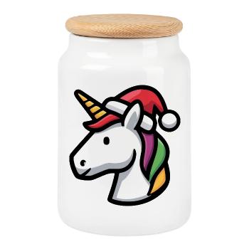 Licorne avec le Chapeau du Père Noël et crinière arc-en-ciel - Boîte à biscuits avec couvercle en bois - blanc - Devant