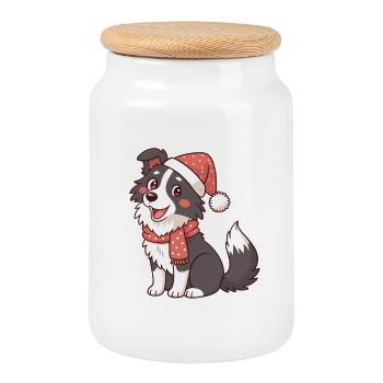 Chien mascotte Noël kawaii - Boîte à biscuits avec couvercle en bois - blanc - Devant
