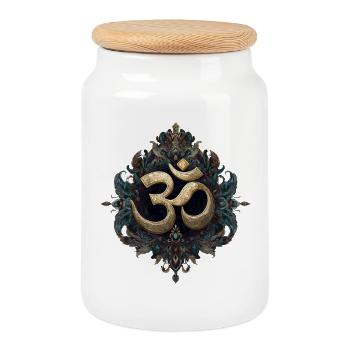 Golden Om symbol with ornate ornament - Cookie Jar with Wooden Lid - white - Front