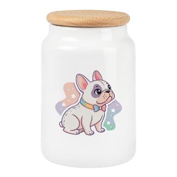 Pastell-Bulldogge mit Fliege - Keksdose mit Holzdeckel - Weiß - Vorne