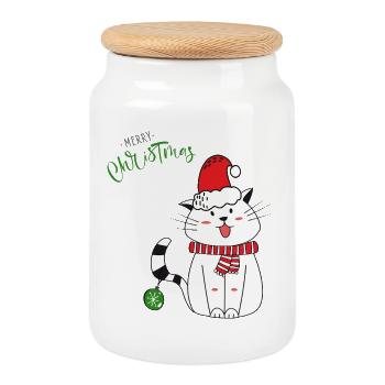 Chat de Noël avec le Chapeau de Père Noël - Boîte à biscuits avec couvercle en bois - blanc - Devant