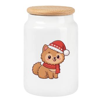 Chiot Noël Bonnet Écharpe - Boîte à biscuits avec couvercle en bois - blanc - Devant