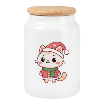 Kawaii Christmas Kitten in Red Hat - Cookie Jar with Wooden Lid - white - Front