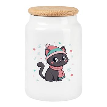 Chaton noir hivernal - Boîte à biscuits avec couvercle en bois - blanc - Devant