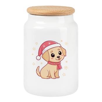 Chiot Labrador Kawaii Noël en bonnet rouge - Boîte à biscuits avec couvercle en bois - blanc - Devant