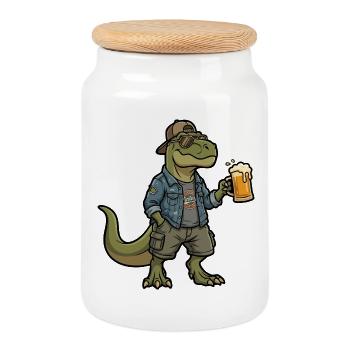 Dino Biertrinker im Denim - Keksdose mit Holzdeckel - Weiß - Vorne