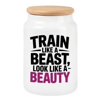 Entraînez-vous comme une bête, ressemblez à une beauté - Boîte à biscuits avec couvercle en bois - blanc - Devant
