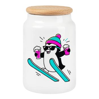 D’abord une pente, puis la fête. Manchot de fête. - Boîte à biscuits avec couvercle en bois - blanc - Devant