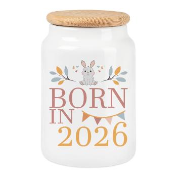 Bébé né en 2026 Né en 2026 Petit lapin mignon - Boîte à biscuits avec couvercle en bois - blanc - Devant