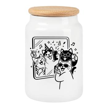 Party Cats Selfie Time with Cats in Front of the Mirror - Cookie Jar with Wooden Lid - white - Front