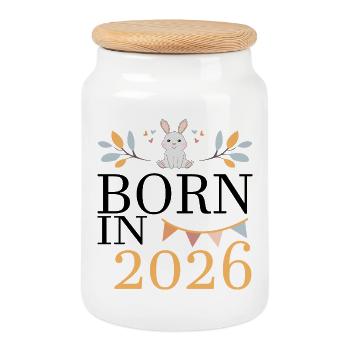 Born in 2026 Baby Hase bald Mama Geschenk - Keksdose mit Holzdeckel - Weiß - Vorne