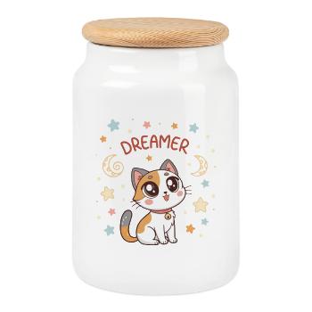 Pastel Dreamy Cat and Stars - Cookie Jar with Wooden Lid - white - Front