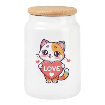 Chat kawaii cœur Love - Boîte à biscuits avec couvercle en bois - blanc - Devant