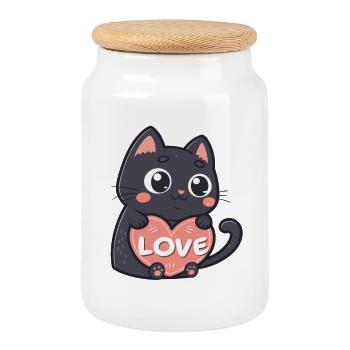 Black Cat Cuddle Heart Love - Cookie Jar with Wooden Lid - white - Front