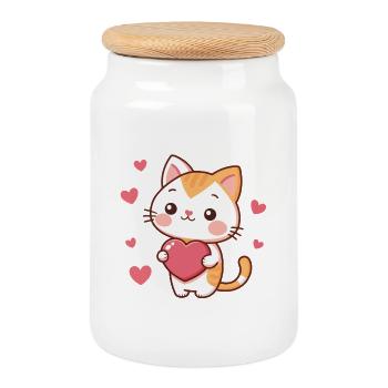 Chat Kawaii Coeurs Charmant - Boîte à biscuits avec couvercle en bois - blanc - Devant