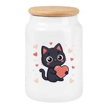 Black Cat Cuddle Pastel Heart - Cookie Jar with Wooden Lid - white - Front