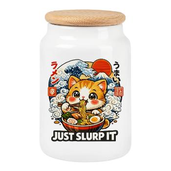 Kawaii Cat I Need Ramen - Cookie Jar with Wooden Lid - white - Front