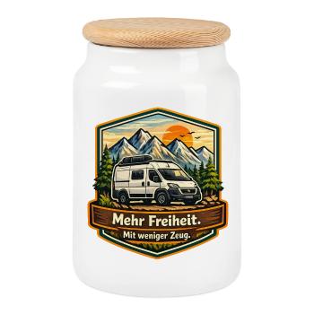 Camping—Plus de liberté—avec moins de choses—camper - Boîte à biscuits avec couvercle en bois - blanc - Devant