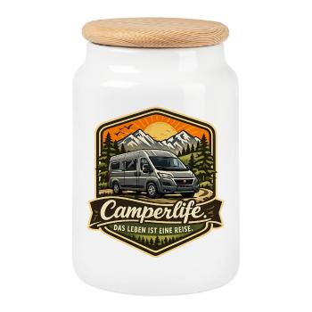 Camperlife das Leben ist eine Reise - Camper - Keksdose mit Holzdeckel - Weiß - Vorne