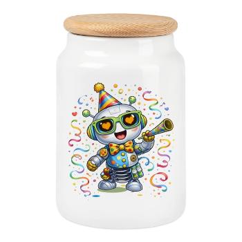 Carnival Robot – Colorful Carnival Motif with Party - Cookie Jar with Wooden Lid - white - Front