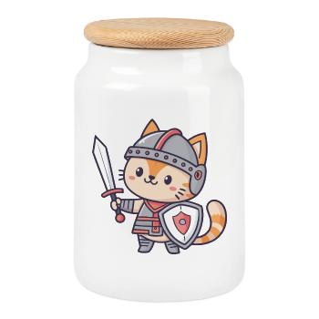Miniature Knight Cat - Cookie Jar with Wooden Lid - white - Front