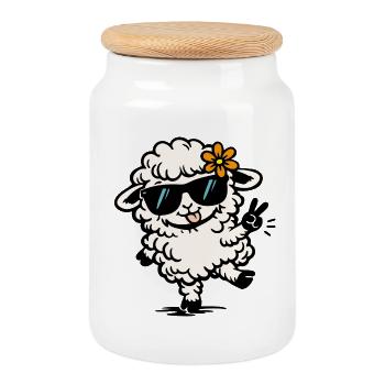 Dancing Sheep – Funny Illustration with Style - Cookie Jar with Wooden Lid - white - Front
