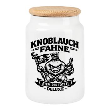Knoblauch Knobi Fahne Deluxe - Keksdose mit Holzdeckel - Weiß - Vorne