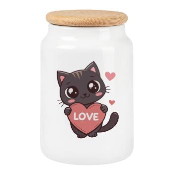 Kawaii-Katze hält Herz-LIEBE - Keksdose mit Holzdeckel - Weiß - Vorne