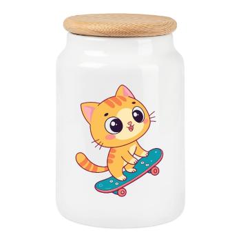 Kawaii-Kätzchen auf Skateboard - Keksdose mit Holzdeckel - Weiß - Vorne