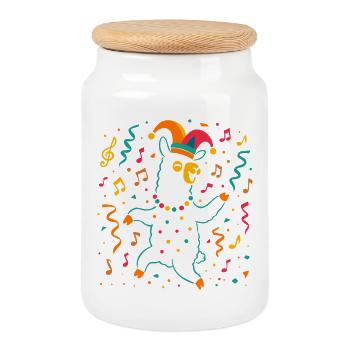 Dancing Carnival Alpaca with Jester's Cap - Cookie Jar with Wooden Lid - white - Front