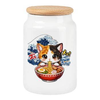 Kawaii Cats Ramen Noodles Japan Retro Ukiyo-E - Cookie Jar with Wooden Lid - white - Front
