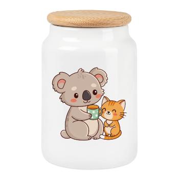 Koala et chat café mignon - Boîte à biscuits avec couvercle en bois - blanc - Devant