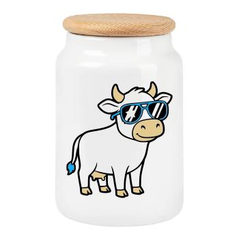 Cool Cow Sunglasses Casual Vector - Cookie Jar with Wooden Lid - white - Front
