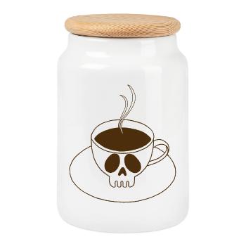 Skull and Coffee Cup - Cookie Jar with Wooden Lid - white - Front