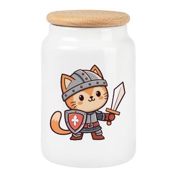 Adorable Armored Knight Cat - Cookie Jar with Wooden Lid - white - Front
