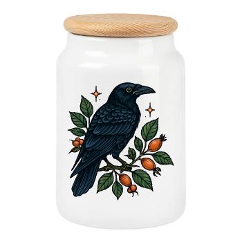 Midnight blue crow on the berry branch - Cookie Jar with Wooden Lid - white - Front