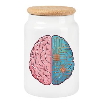 Human Intelligence meets AI – Brain Tech Design - Cookie Jar with Wooden Lid - white - Front