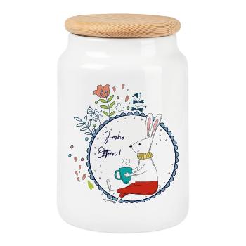 Lapin de Pâques avec tasse de thé - Boîte à biscuits avec couvercle en bois - blanc - Devant