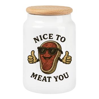 Nice to Meat You Cartoon Steak - Cookie Jar with Wooden Lid - white - Front