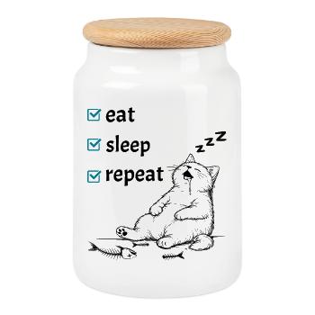 Eat Sleep Repeat – Cute Cat Life Checklist - Cookie Jar with Wooden Lid - white - Front