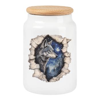 Wolf with starry sky - Cookie Jar with Wooden Lid - white - Front