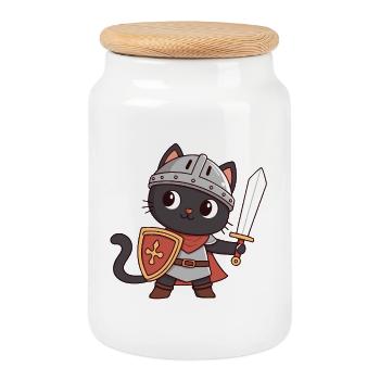 Black Cat Knight - Cookie Jar with Wooden Lid - white - Front