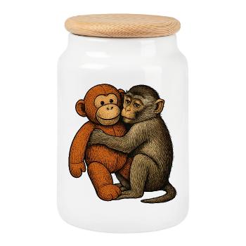 Affige Umarmung: Affenfreundschaft - Keksdose mit Holzdeckel - Weiß - Vorne