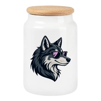 Schicker Wolf mit rosaroter Brille - Keksdose mit Holzdeckel - Weiß - Vorne