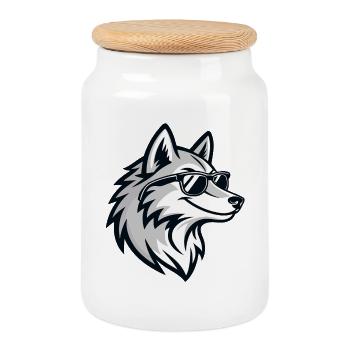 Graphic Wolf with Glasses - Cookie Jar with Wooden Lid - white - Front